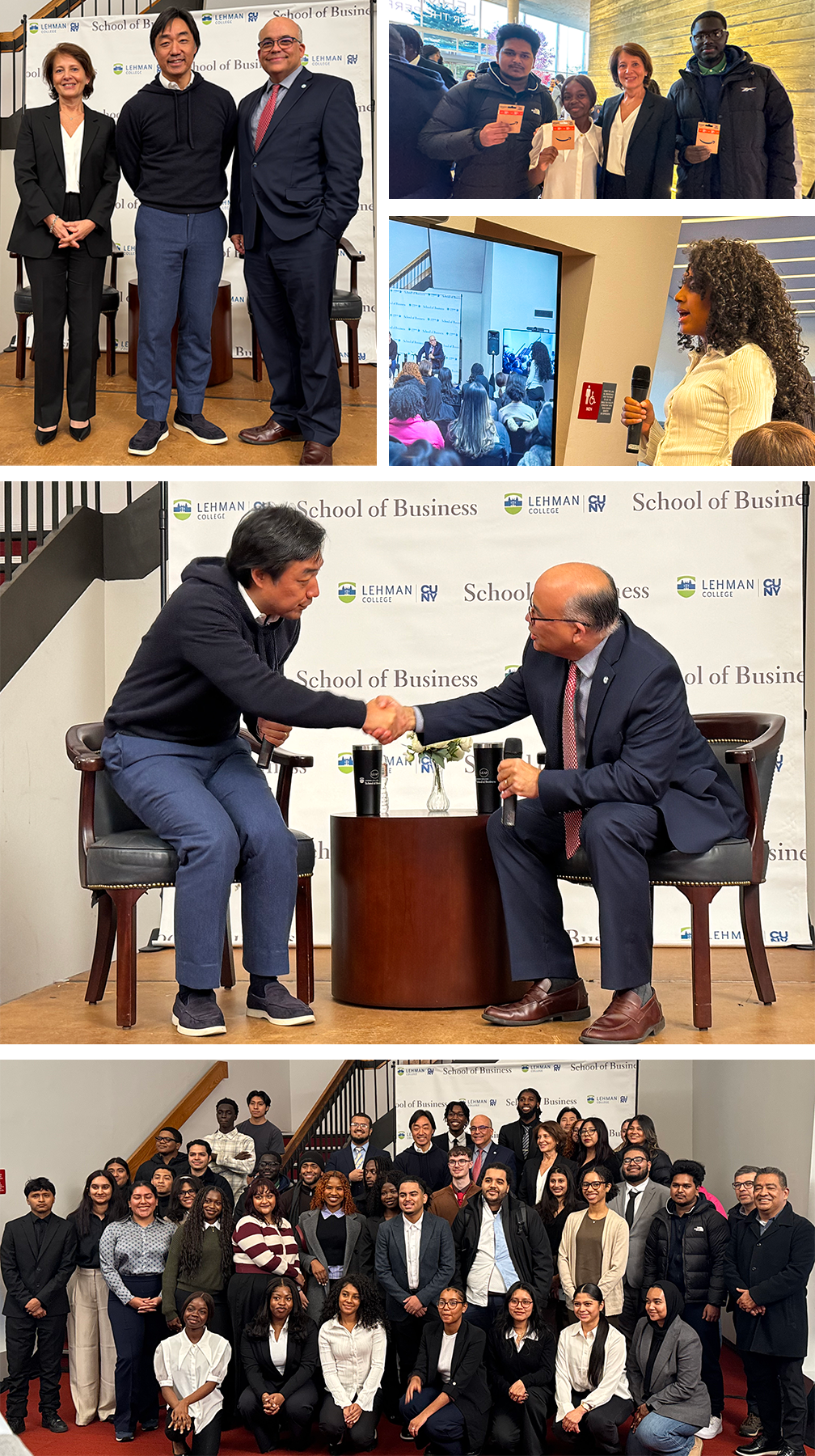Photo collage including handshake with Provost