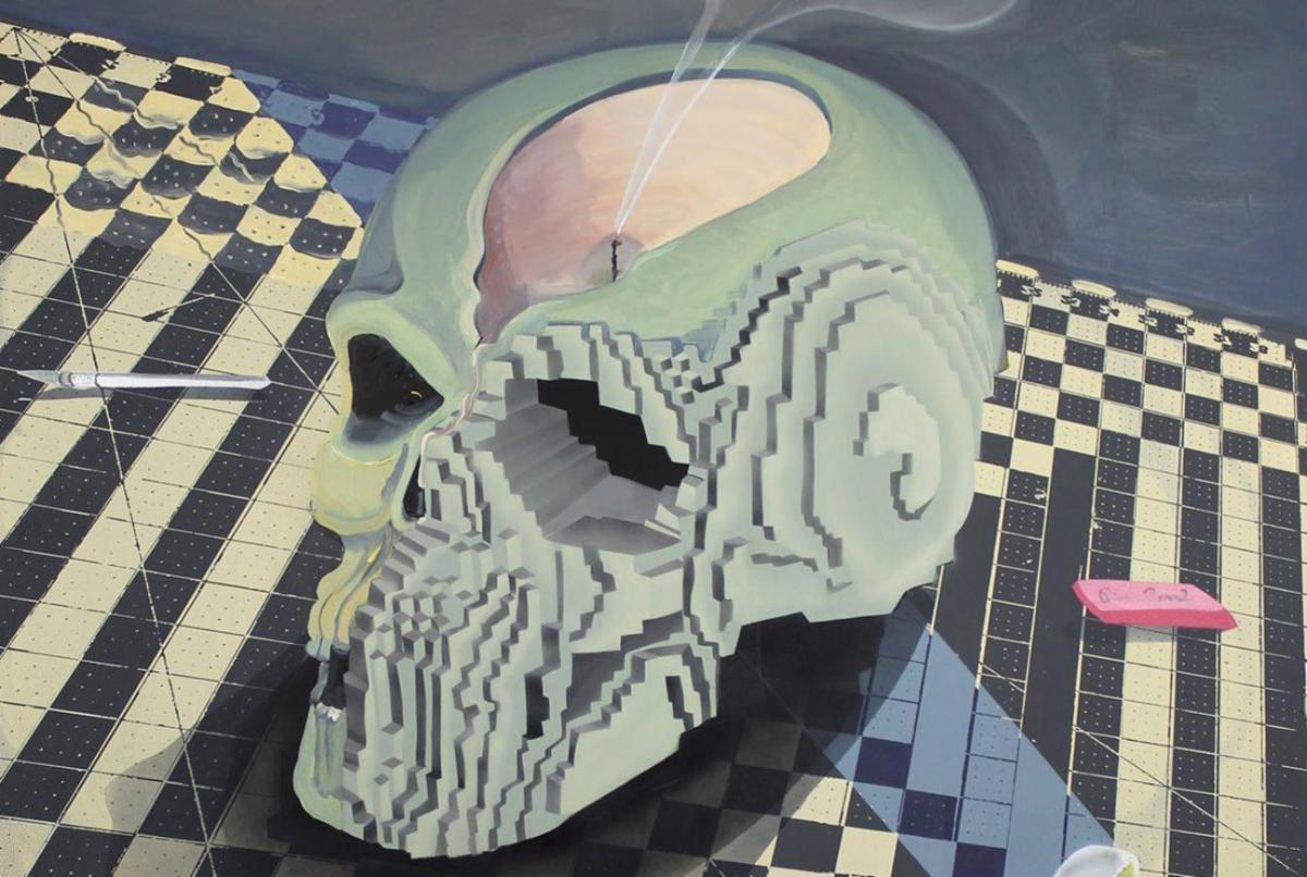 Mosaic-like image of skull with candle image and eraser in the scene 