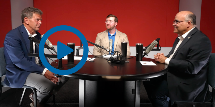 Image of Provost Jorge Silva-Puras and Associate Professor Sean Stein Smith sit down with President of the Bronx Economic Development Corporation Rob Walsh