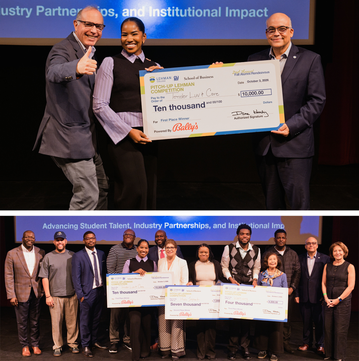  Photo collage featuring Pitch-Up Lehman awardees holding a large ceremonial check, along with other attendees at the event.
