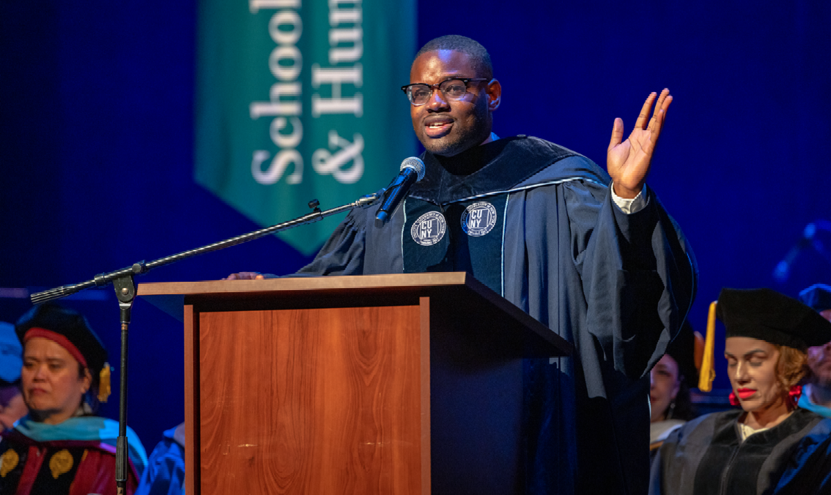 Photo of speaker at commencement graduation