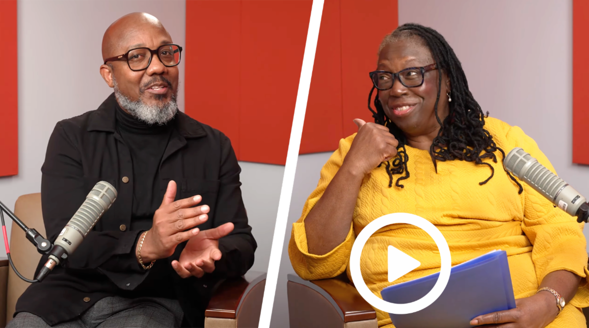 Video still collage of Dean Elgloria Harrison and Adjunct Assistant Professor Roger Ball 