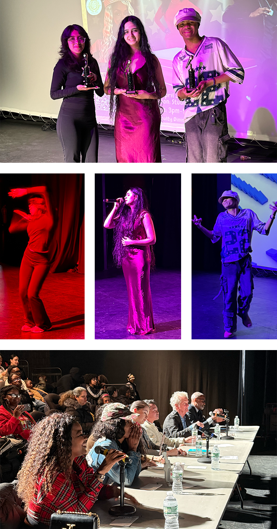 Photo collage of performers in bright colorful spotlights, and judges