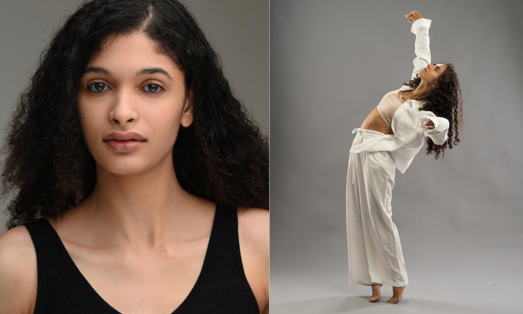 Photo of two dancers. One a headshot and other dancing on stage