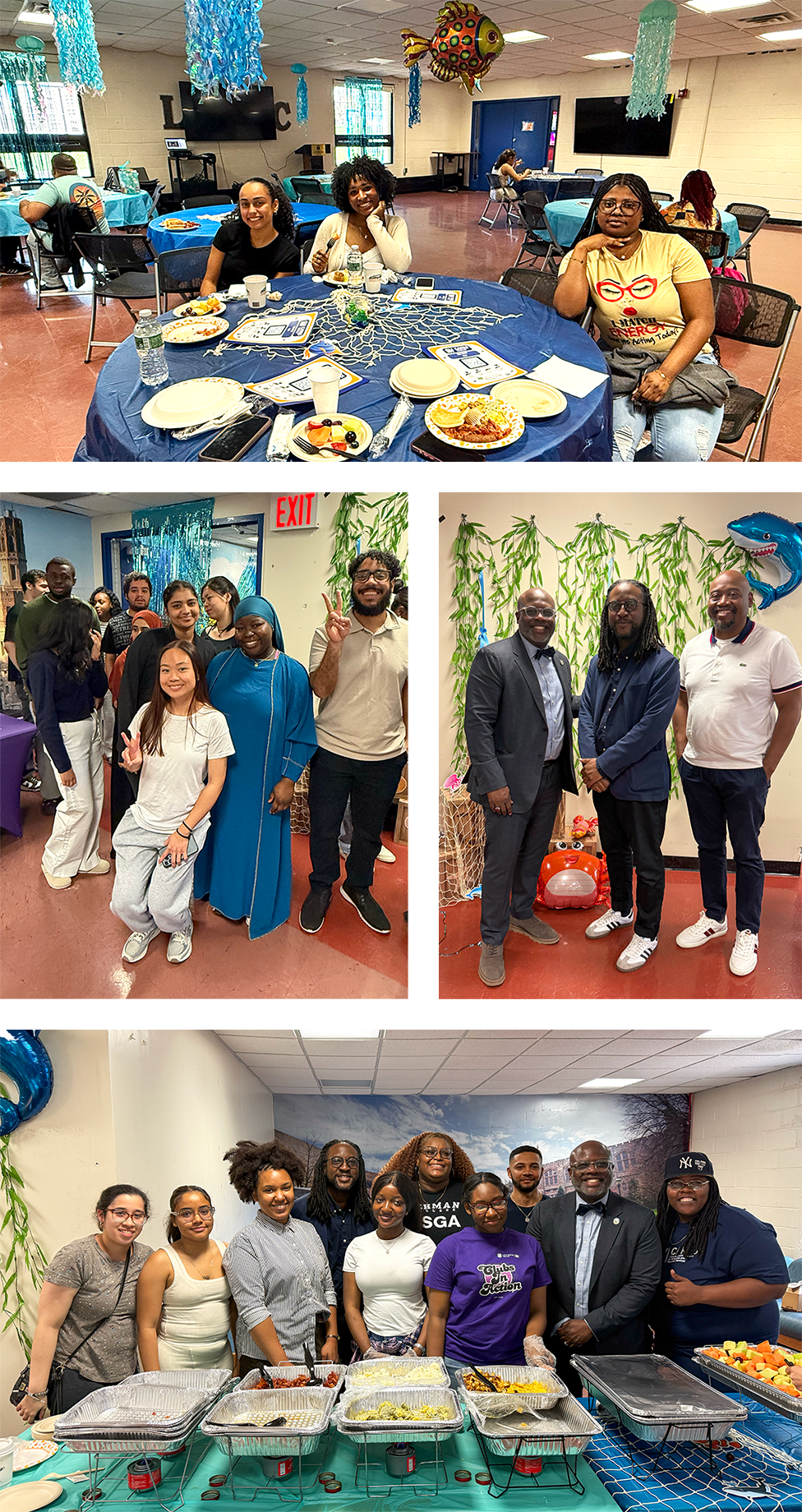 Photo collage of happy students at breakfast and administrators also