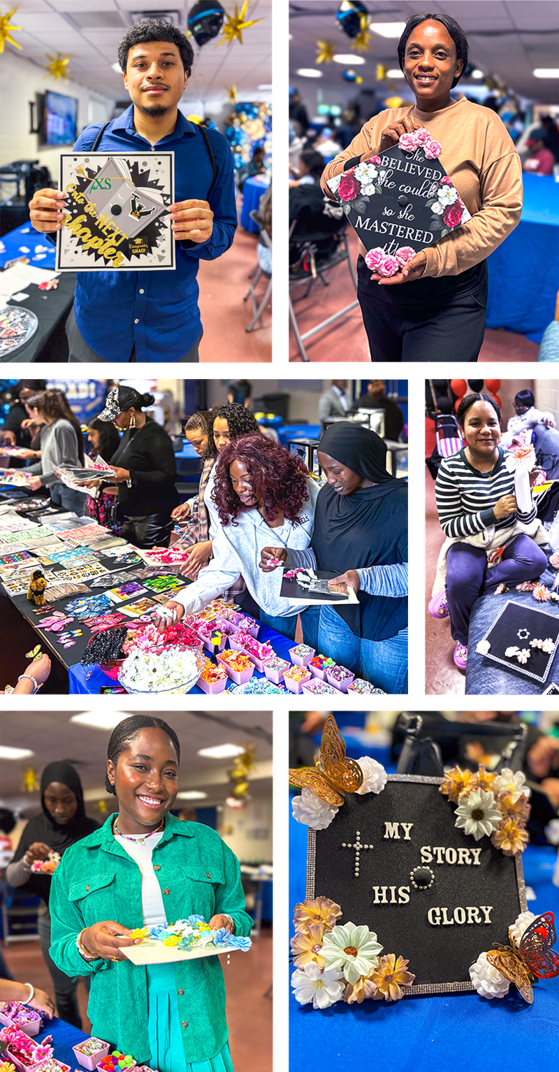 Collage of students decorating their caps