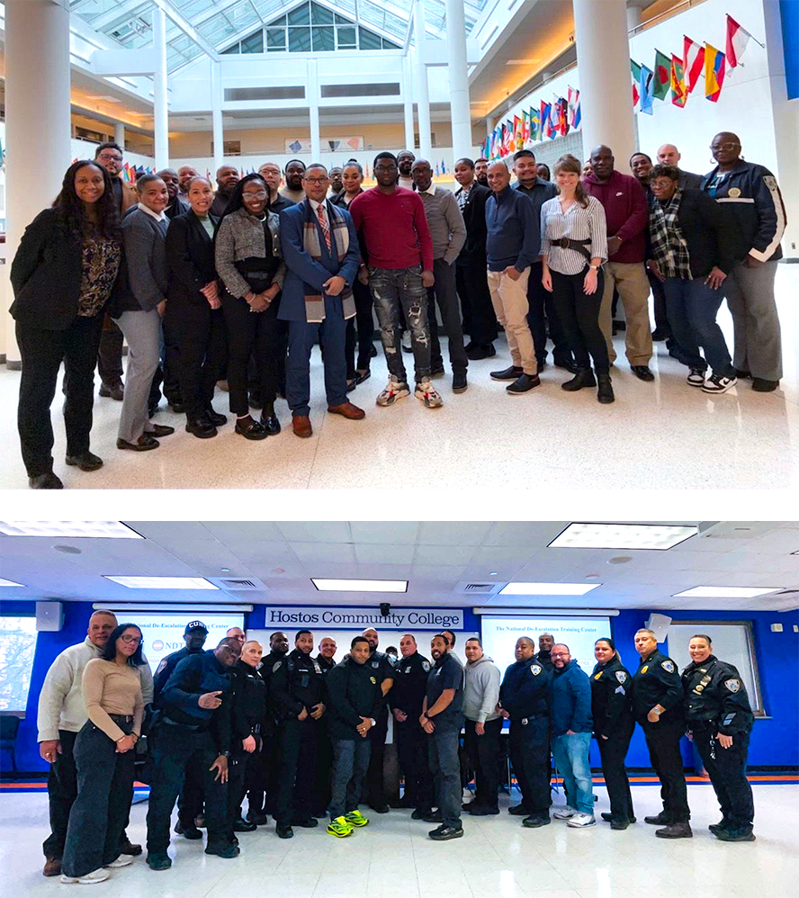 Two photos of teams of officers at trainings including one at hostos