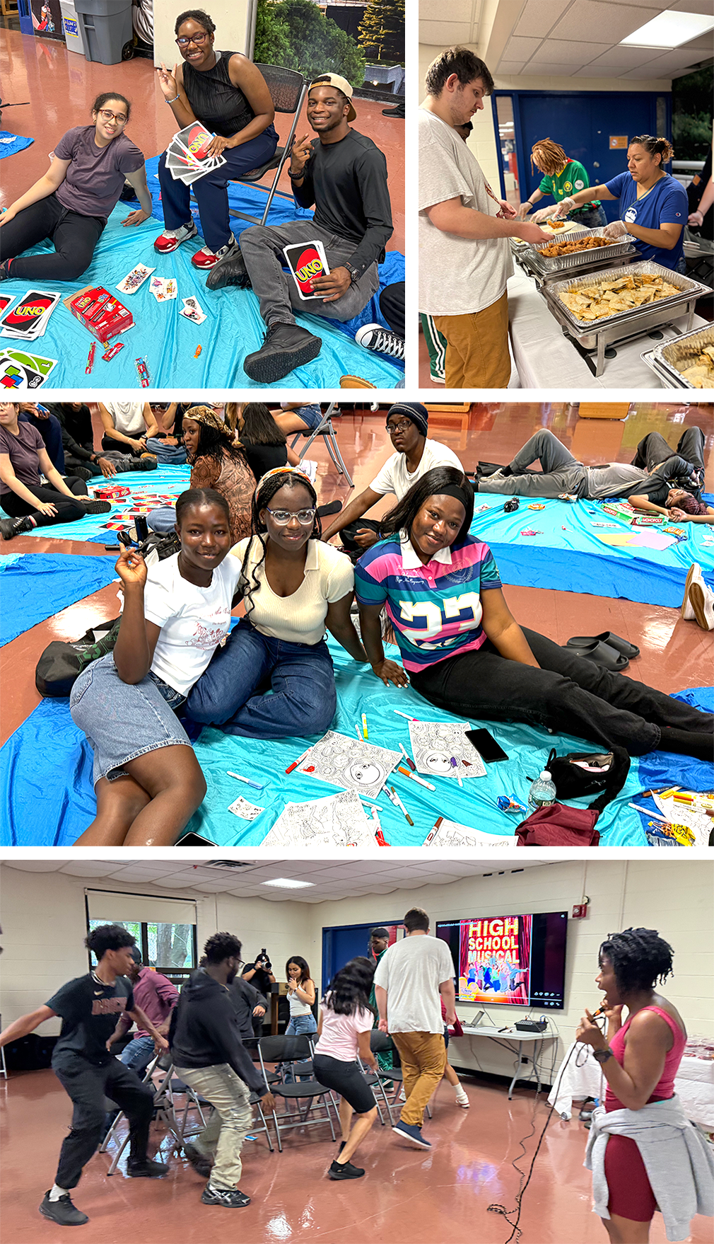 Collage of very fun looking activities such as Uno and musical chairs