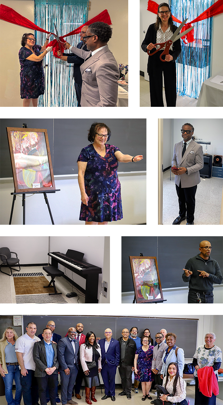 Collage of bright red ribbon cutting photos