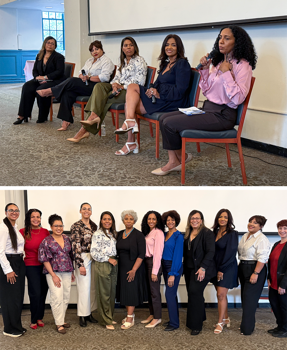 Collage of panel and group at Alma Journey, Latina event