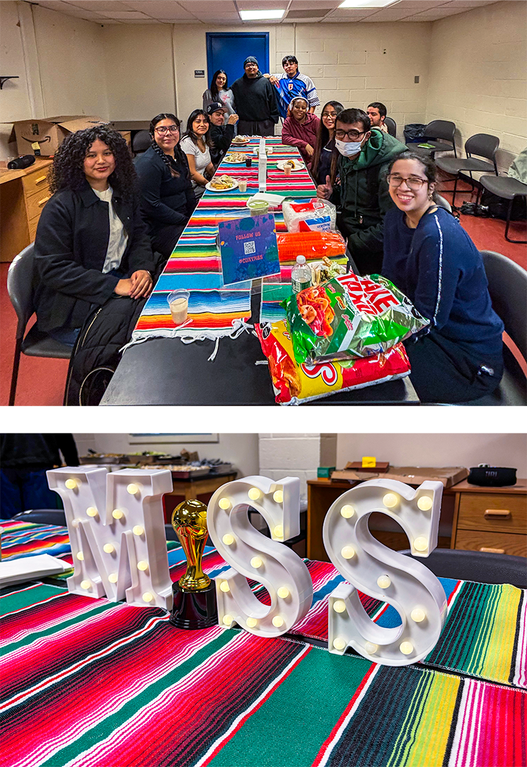 Bright colorful table with students around it and MSS sign with lights