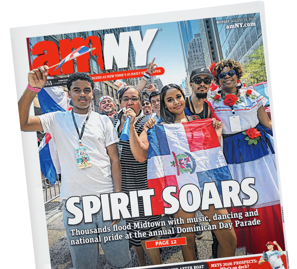 Front Cover of amNY with lehman students and staff in Dominican flag spirit