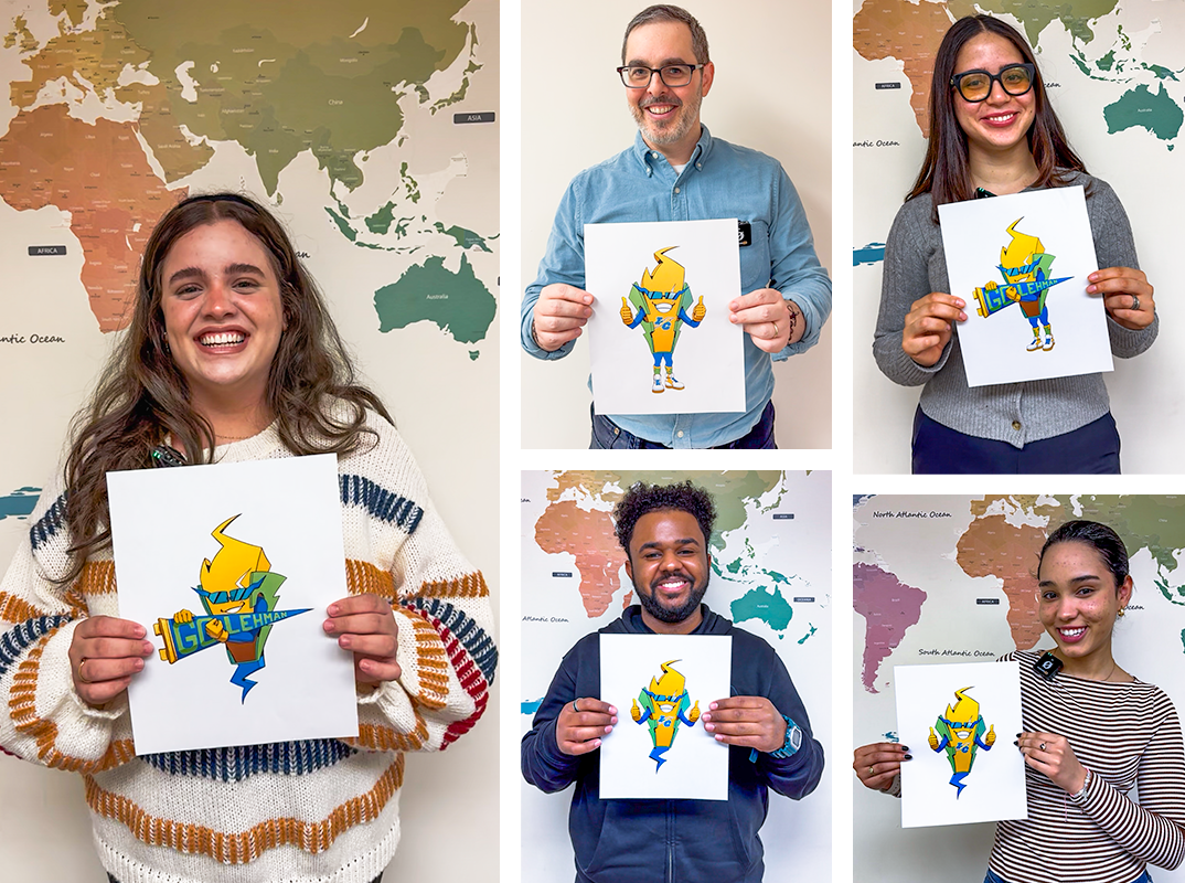 Collage of people with pictures of mascot 