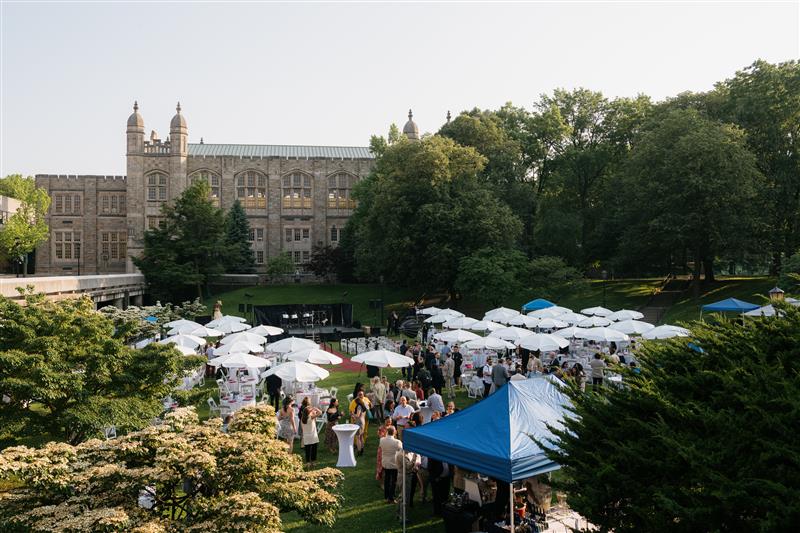 Overview of Quad with Tables for event and sun umbrellas