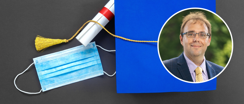 Richard Finger headshot and a 2020 pandemic graduation image