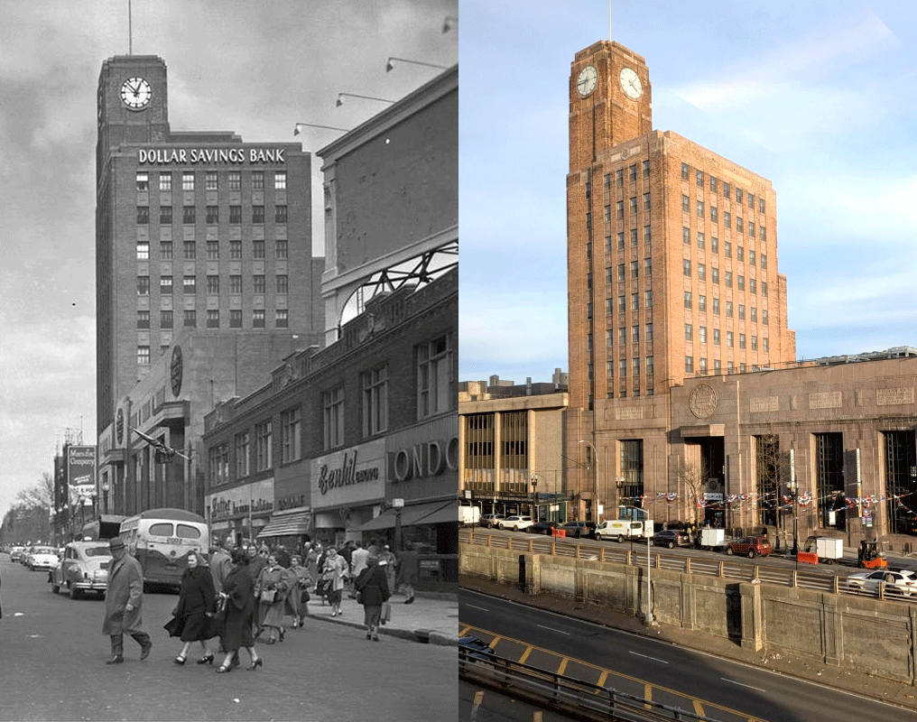 Black and White 1950s photo next to current color photo of bank building