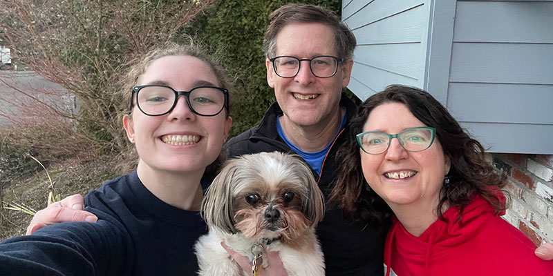 Adrienne, David and Jennifer Gassaway with their family dog, Florence