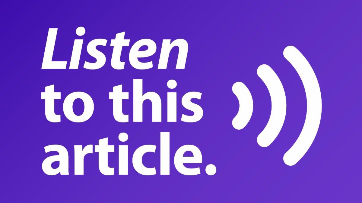 bright purple background and white text with sound waves