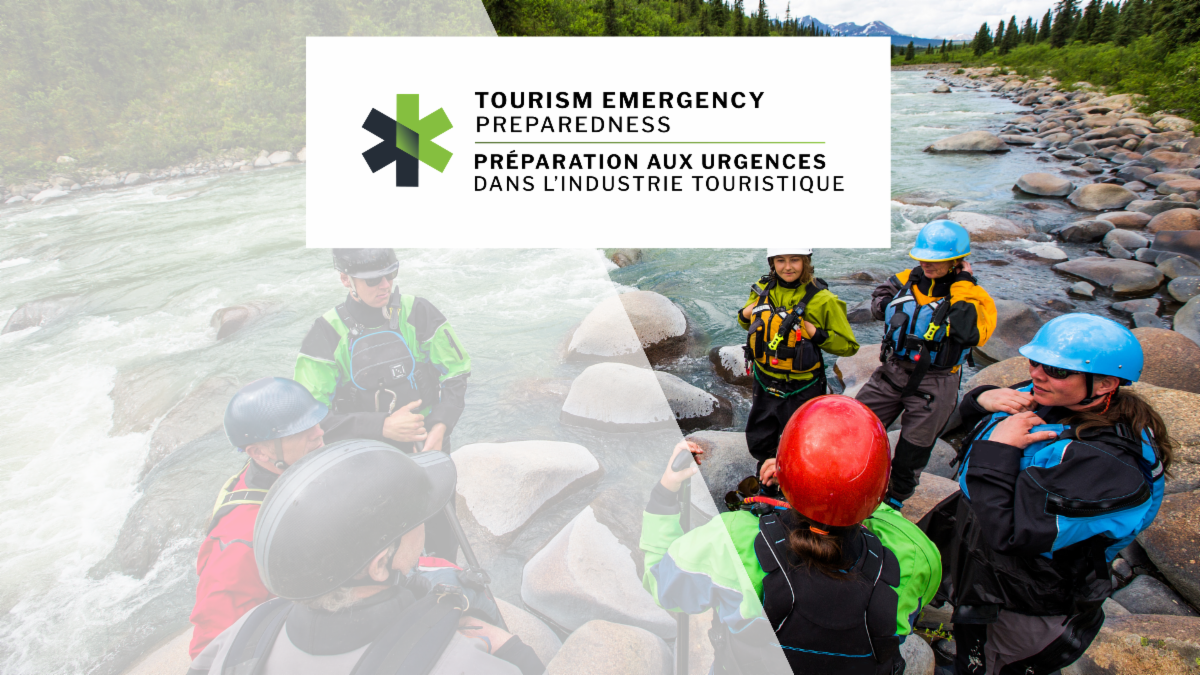 A photo of whitewater rafters with the Tourism Emergency Preparedness logo on top