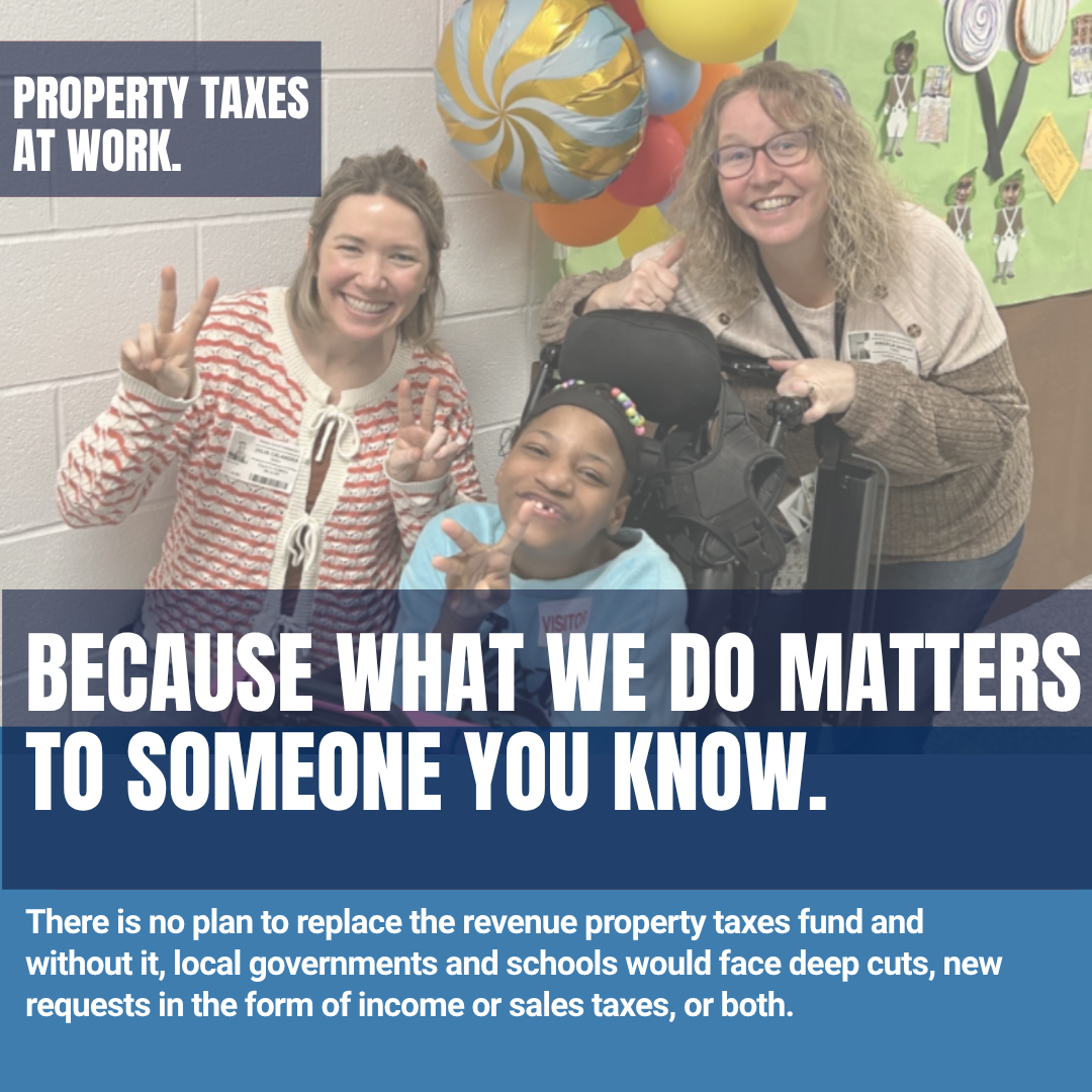 Property Tax Info Graphic with photo of two Fairfield DD Staff and one FRS student. All info in the graphic is also in the article below. 