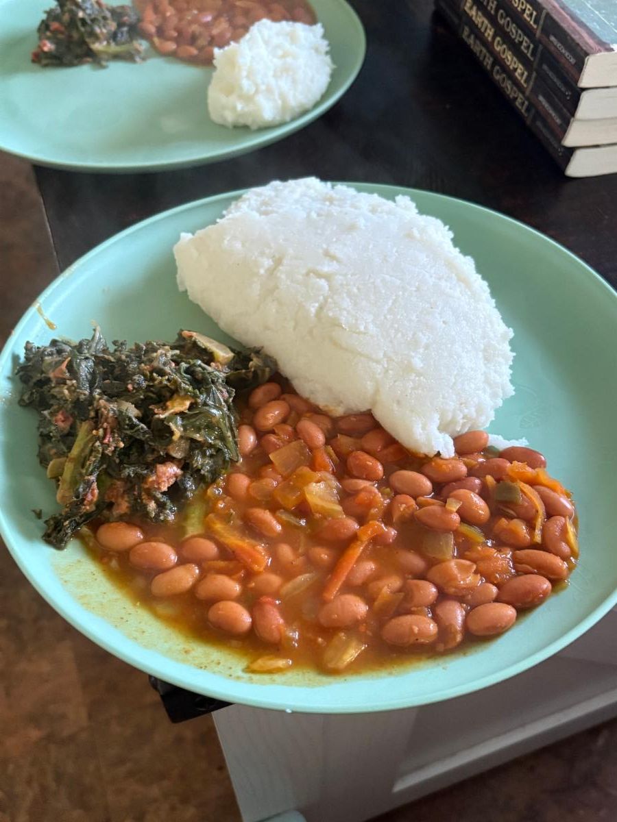 plate of beans, kale and rice