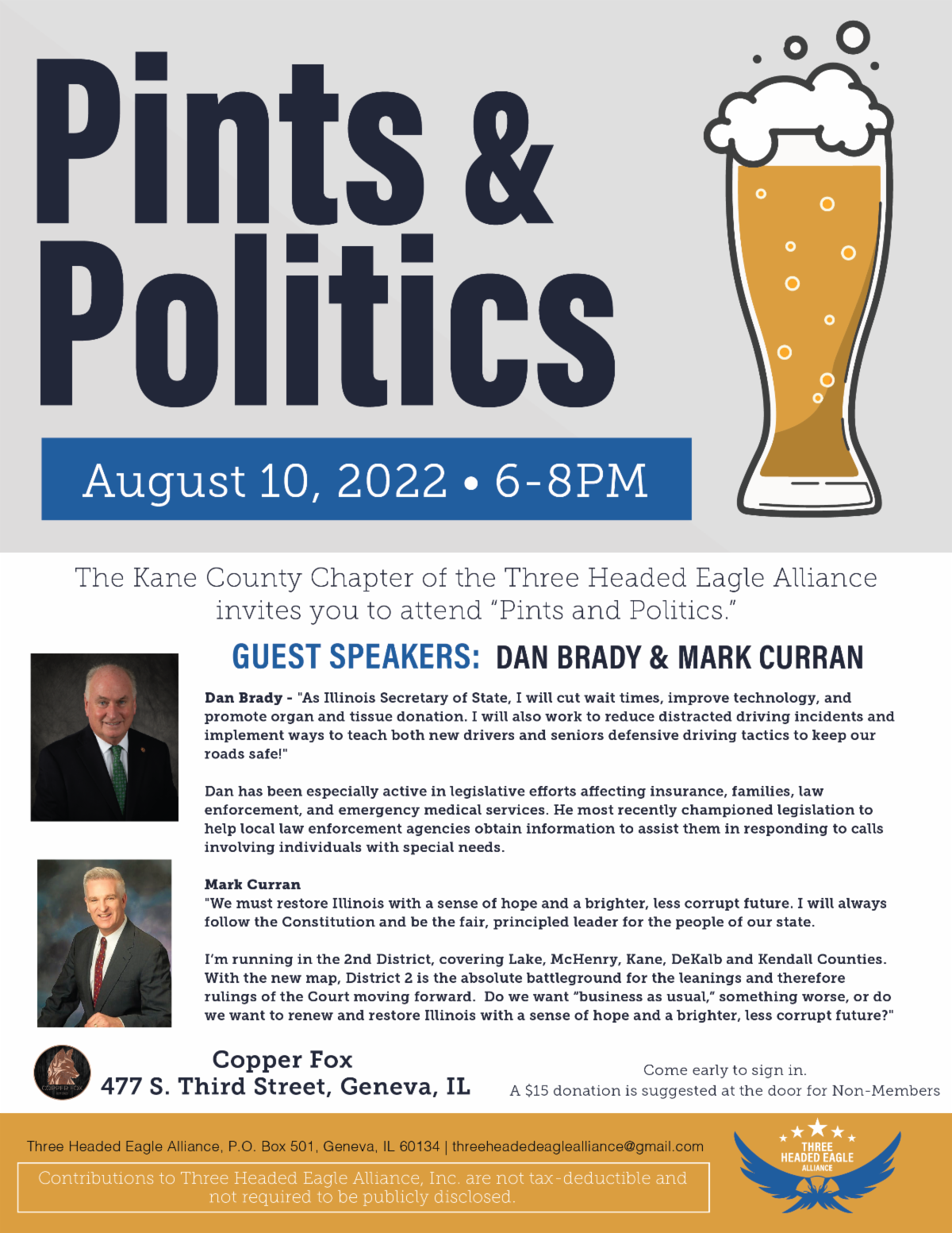 Pints & Politics, AUGUST 10, COPPER FOX, 68PM Dan Brady & Mark Curran