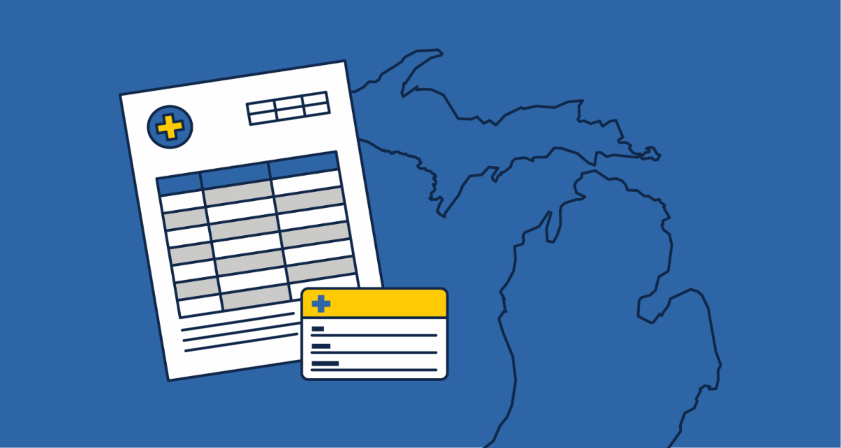 healthcare bill, health insurance card, and outline of Michigan