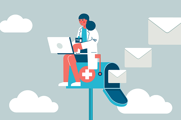 Doctor sitting on a mailbox sending messages