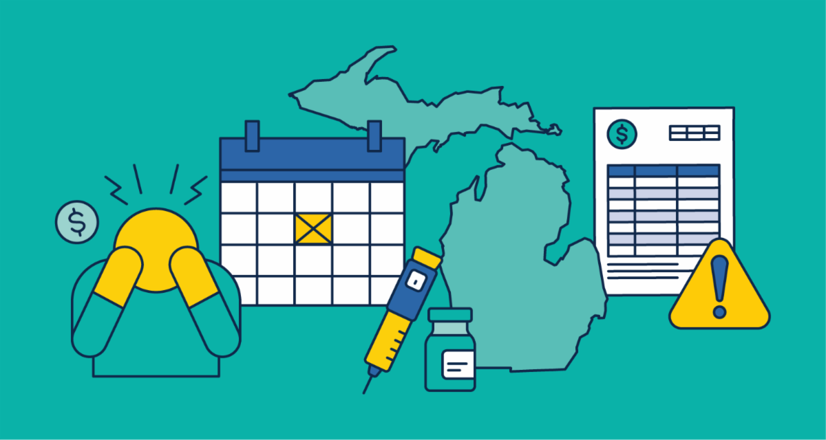 stressed person, calendar with date Xed out, diabetes insulin medication, state of Michigan, and healthcare bill
