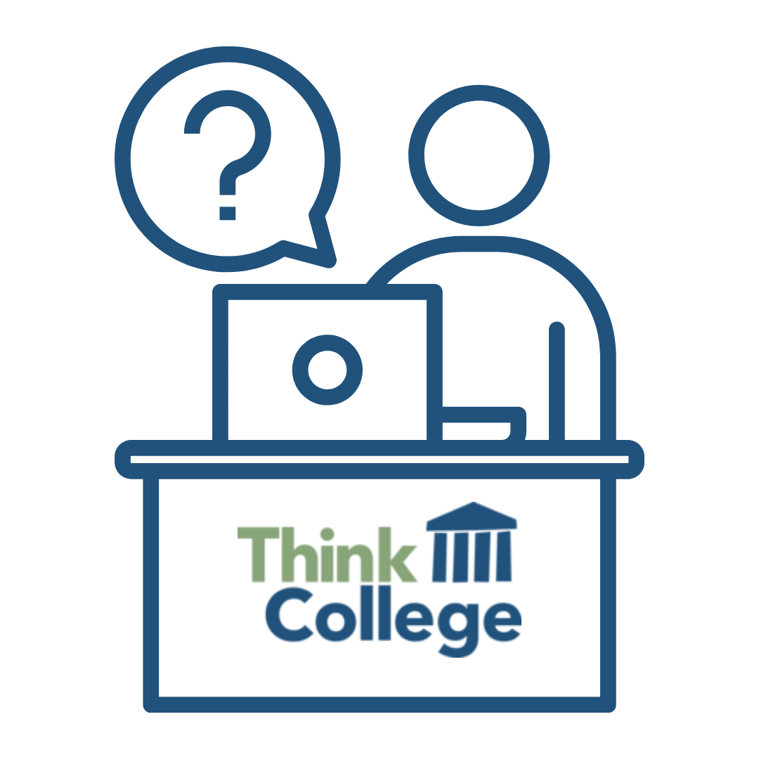 icon of persona at a desk with an open laptop with Think College logo