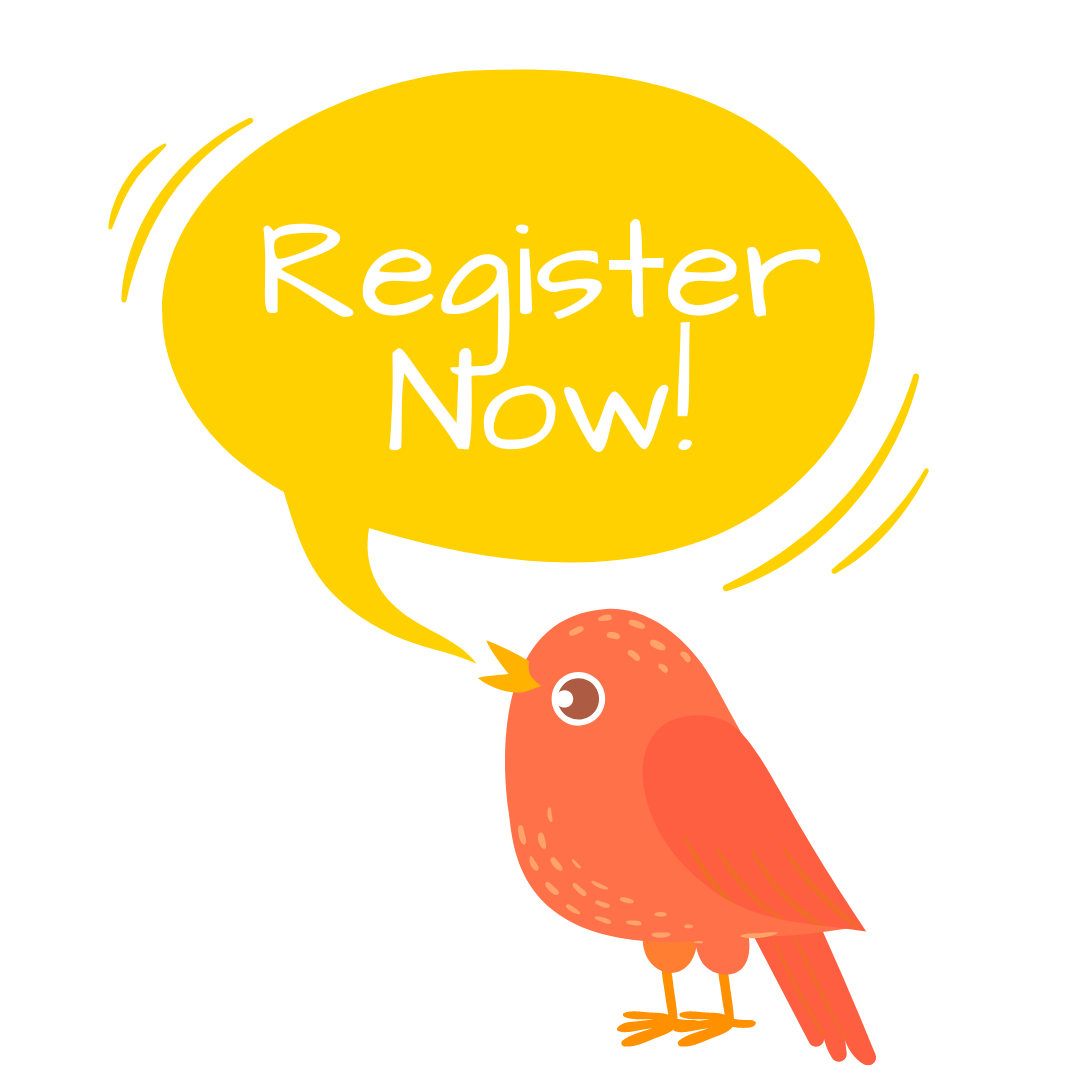 orange bird with a word bubble that reads register now