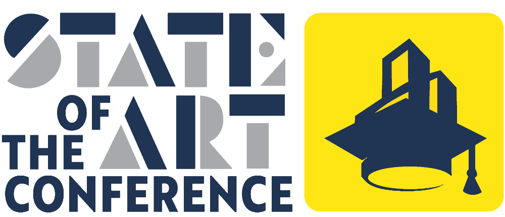 State of the Art Conference logo in dark blue and yellow featuring stylized text and a graduation cap icon.