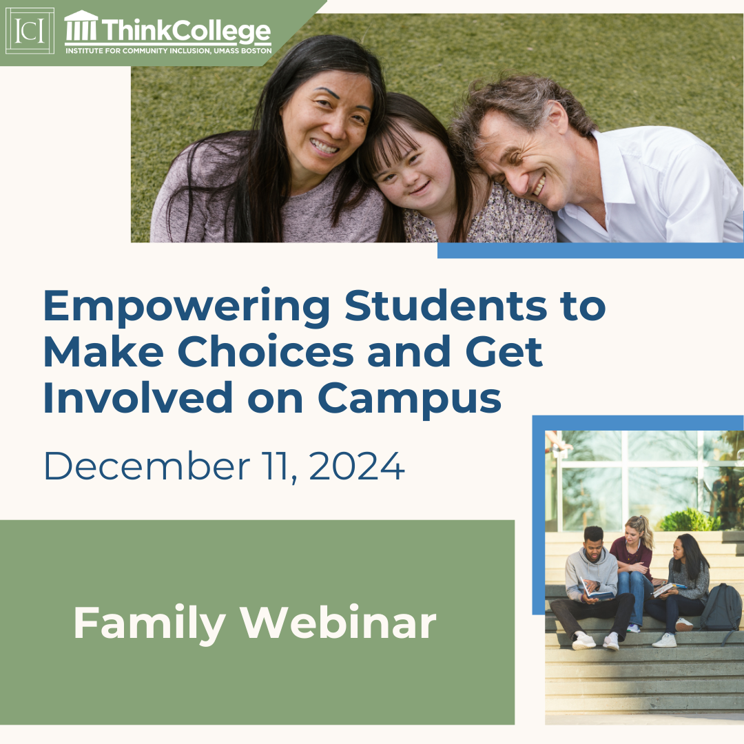 Graphic that reads empowering students to make choices and get involved on campus December 11 with a family portrait and stock photo of students sitting on campus steps