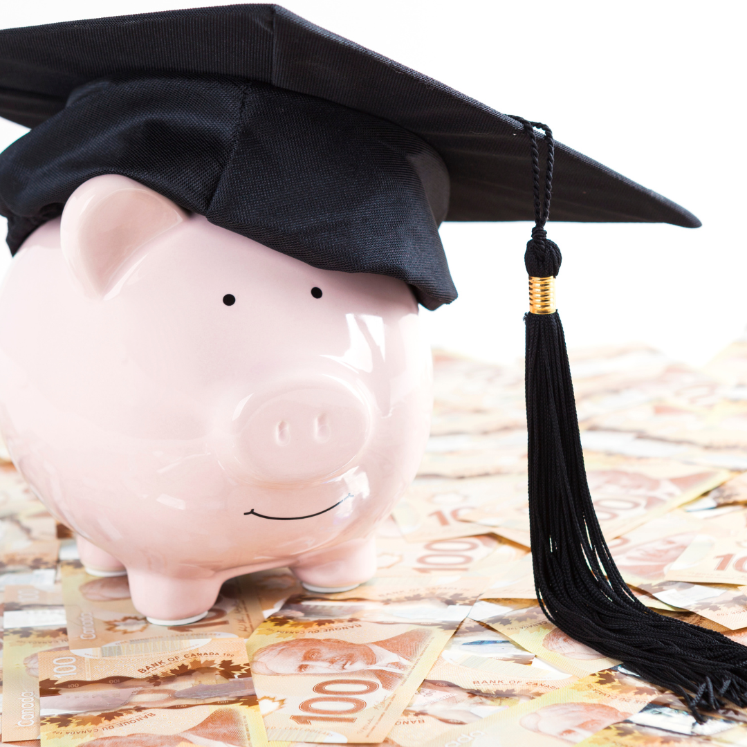 Piggy bank with graduation cap and piles of money