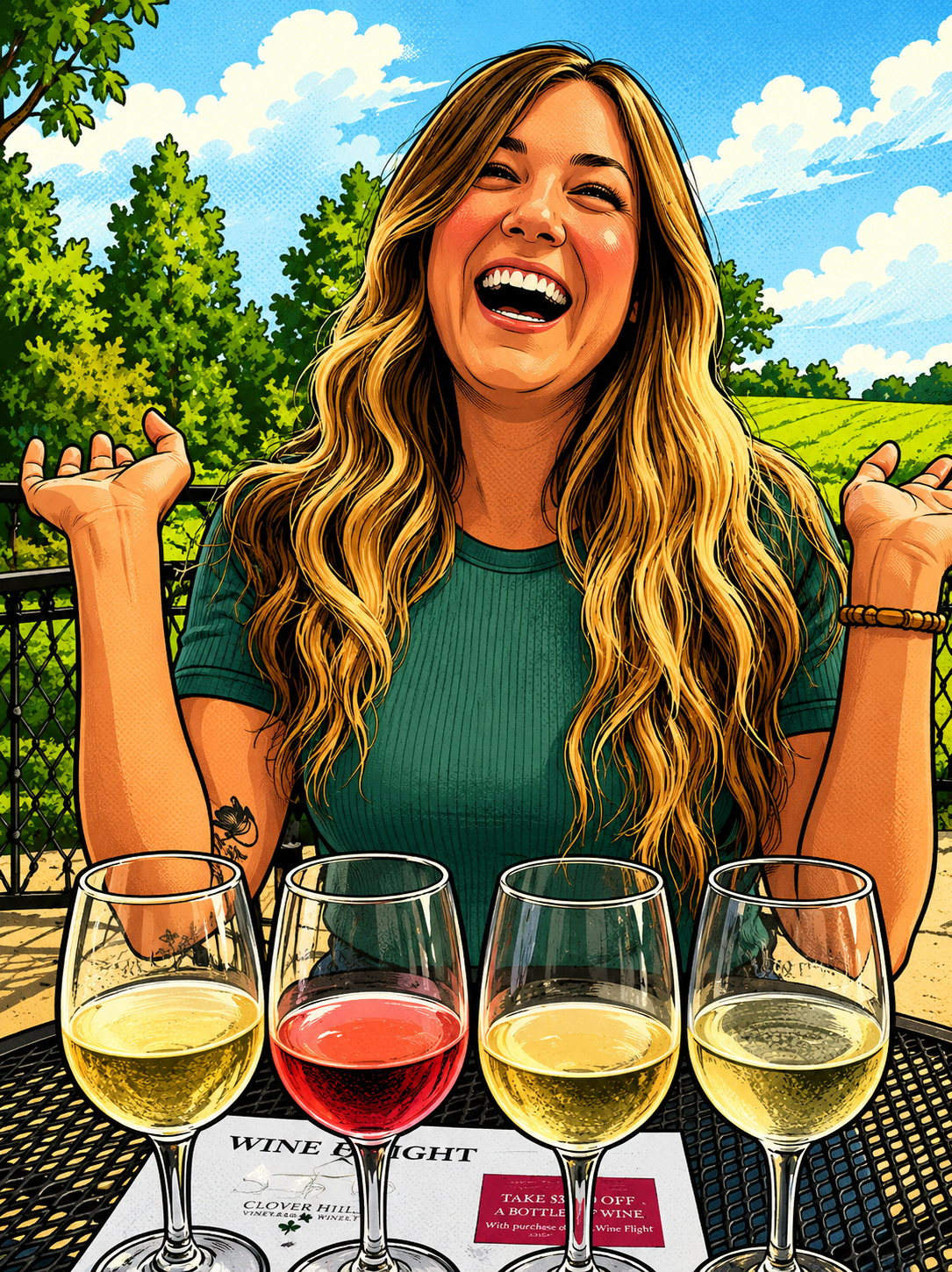 Comic-style image of Sumer Moreau, also known as @sumfoodie. Sumer is a Lehigh Valley social media influencer.