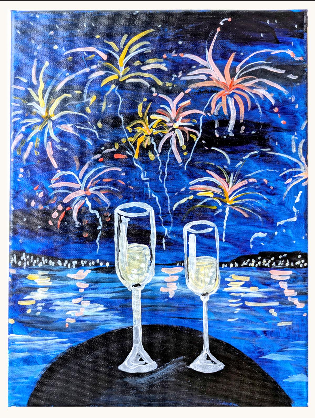 sample of painting of two champagne flutes in the foreground and fireworks over the water in the background