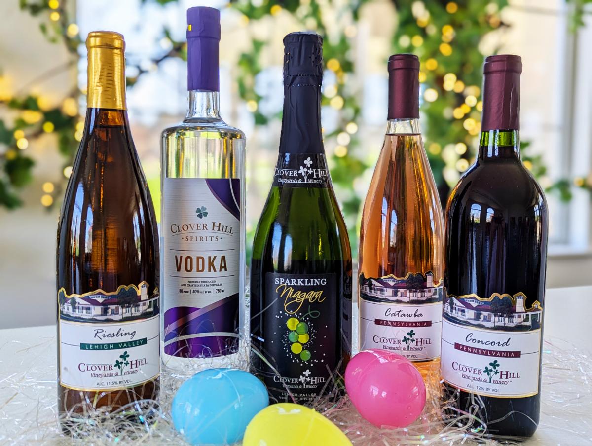 Bottles of Clover Hill wines and a bottle of Clover Hill Spirits Vodka