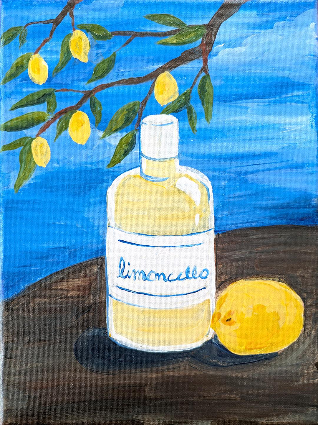 acrylic painting of a bottle of limoncello with branches from a lemon tree in the background