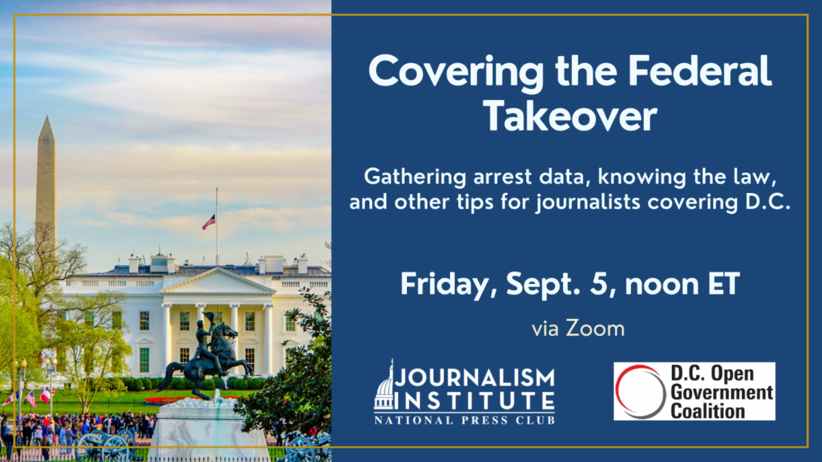 Covering the Federal Takeover Gathering arrest data Knowing the law And other tips for journalists covering DC Join us Friday September 5 at noon ET over Zoom