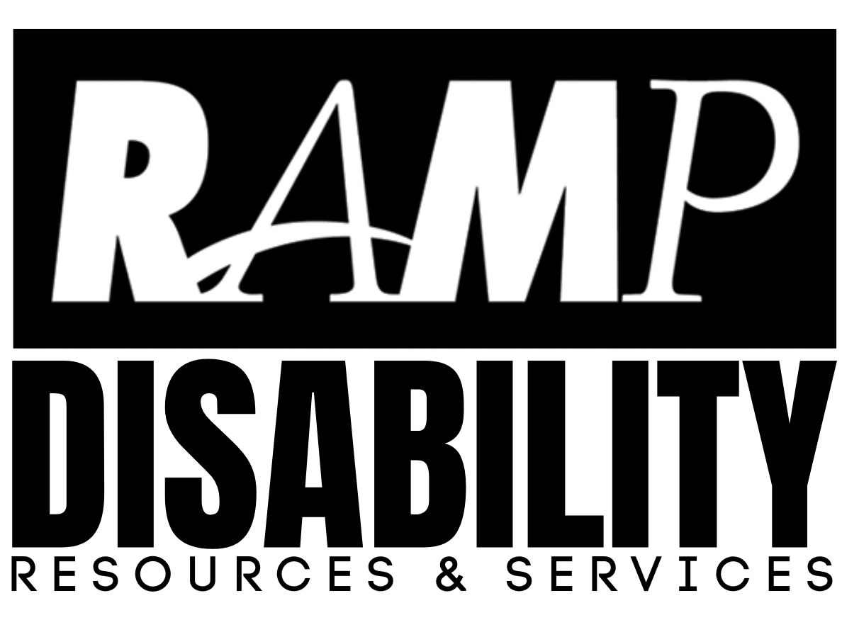 RAMP logo. the word RAMP in capitalized white letters with a black background. The words Disability Resources and Services are underneath. 