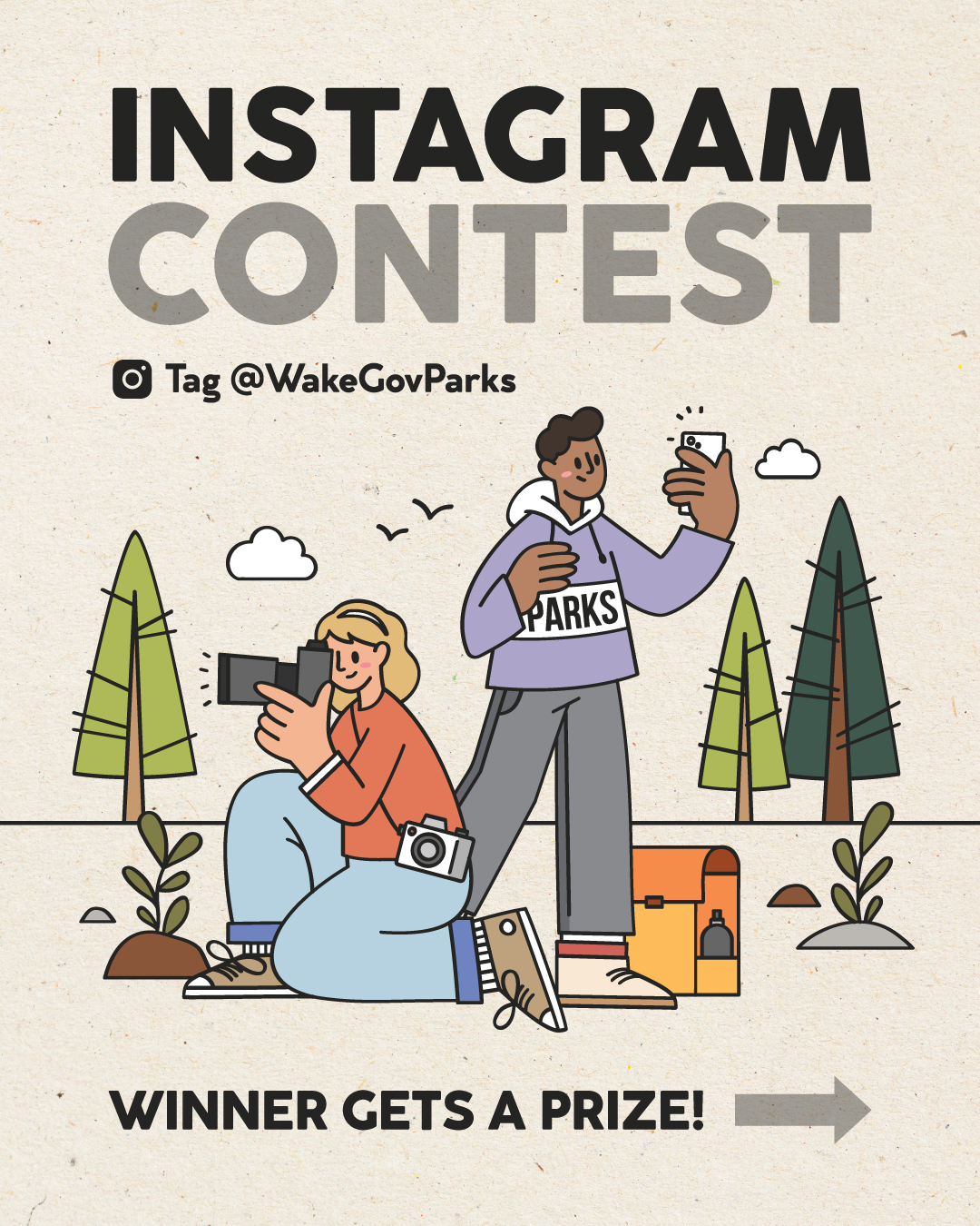 Illustration of a man and woman taking pictures in a park for Instagram Contest
