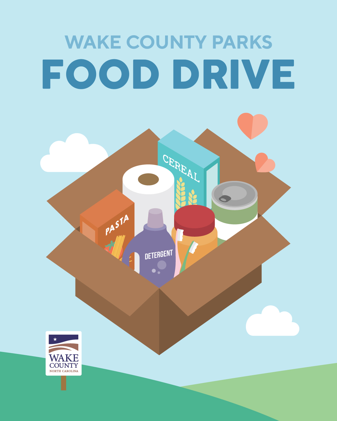 Graphic of box filled with non-perishable food with text stating Wake County Parks Food Drive
