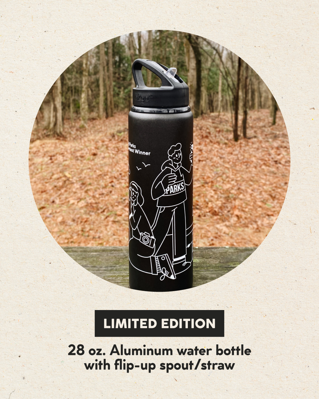 Photo of black water bottle with line drawing in white of man and woman taking pictures in park