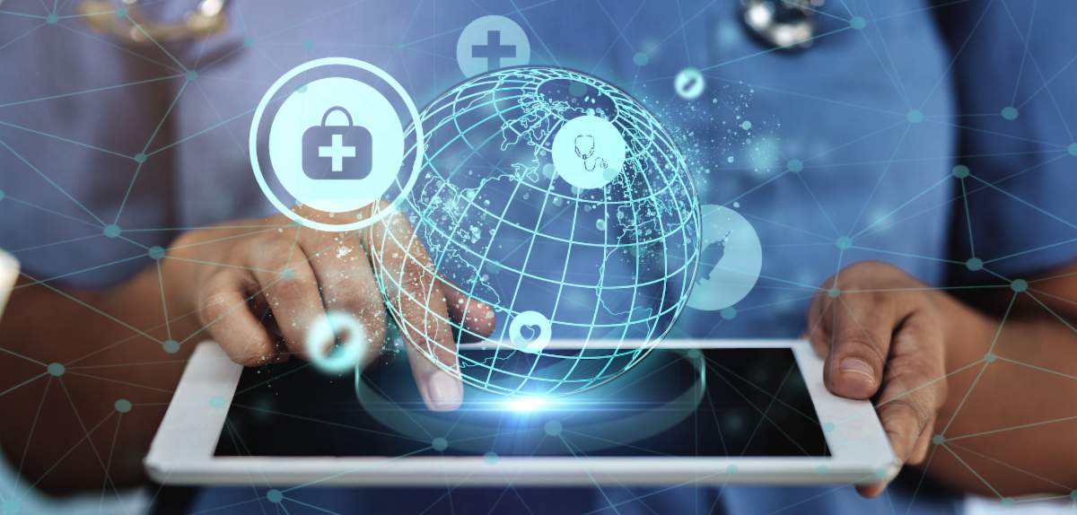 Tablet with globe and other electronic devices around it
