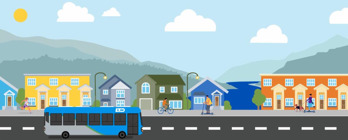 Eugene city scape with road and bus in forefront.