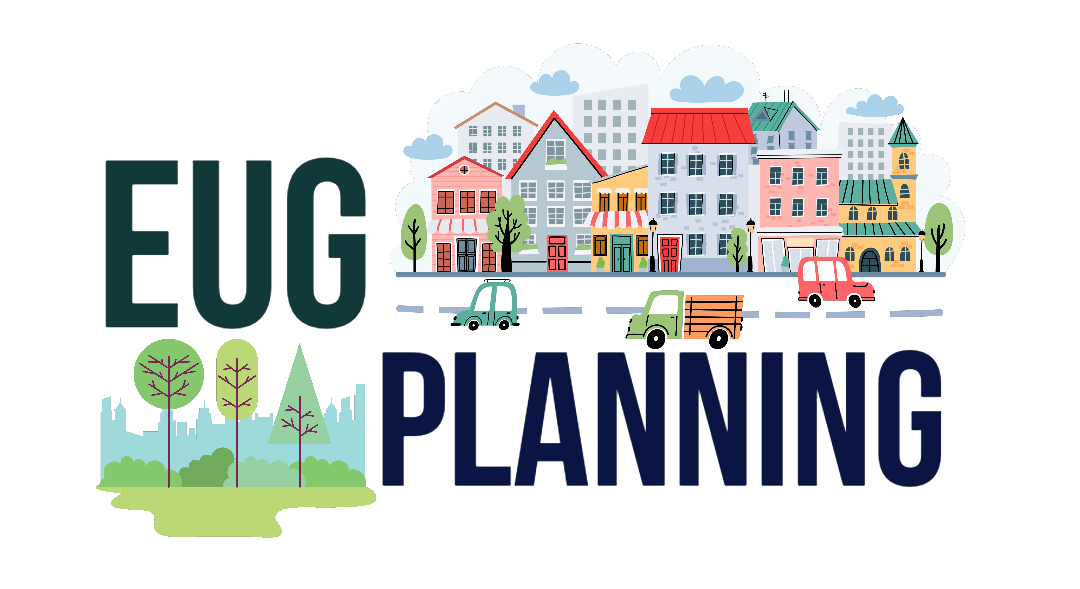 Text that says Eug Planning with illustration of a city with buildings and streets and cars.