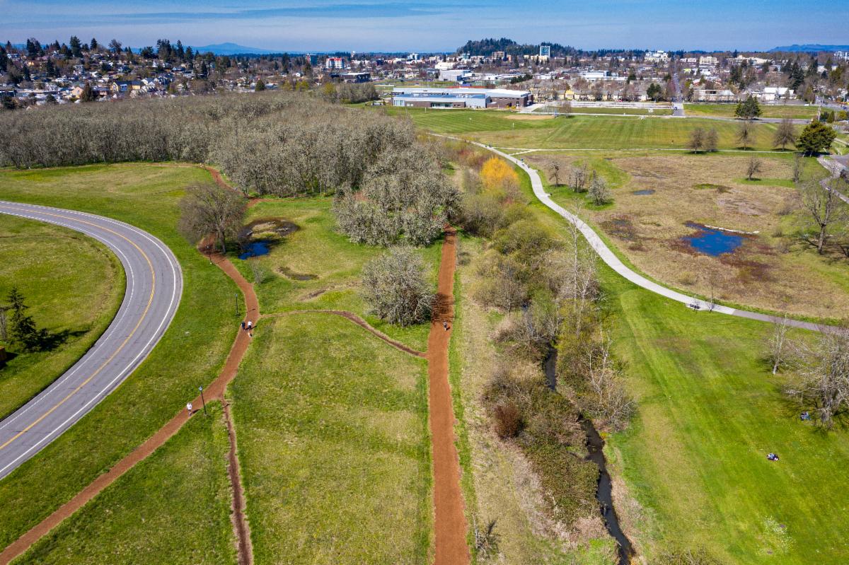 A view of downtown Eugene from a drone flying above Amazon Trail