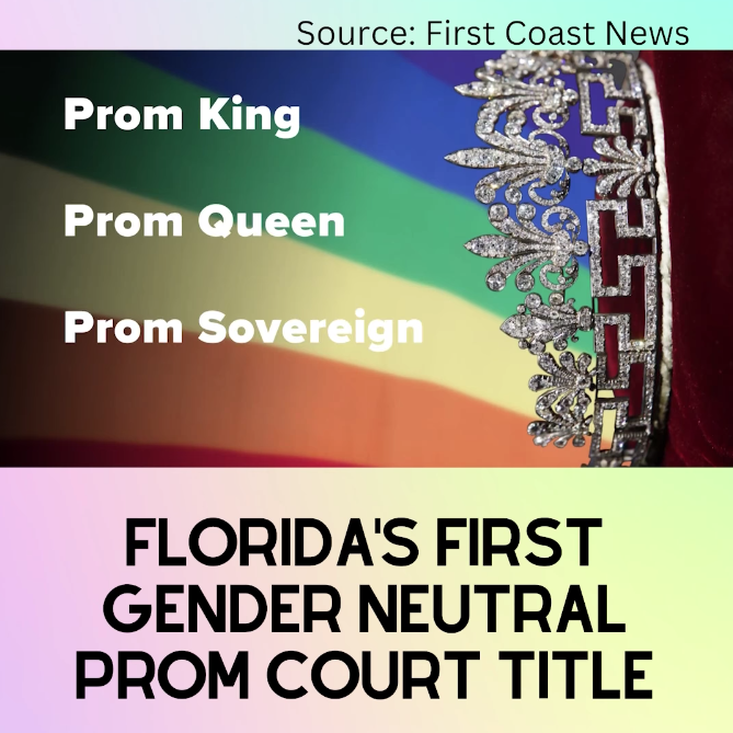 Thumbnail of a cropped preview of a Youth in Motion Instagram Reel. On a lavender, aqua blue, and light green gradient background is an image from a First Coast News segment about Florida's first gender neutral prom court title.