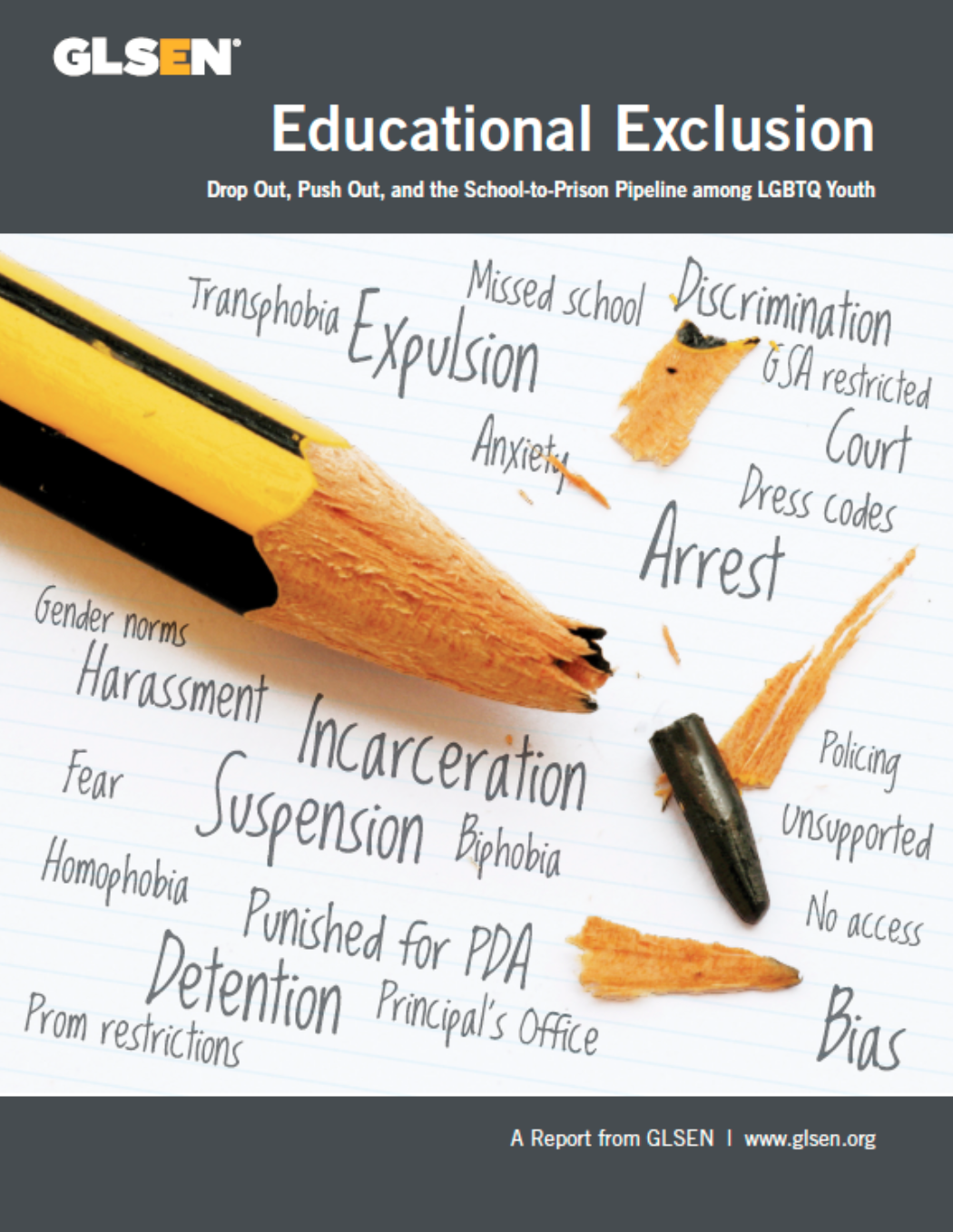The cover page for GLSEN's report, entitled: Educational Exclusion, Drop Out, Push Out, and the School To Prison Pipeline among LGBTQ Youth