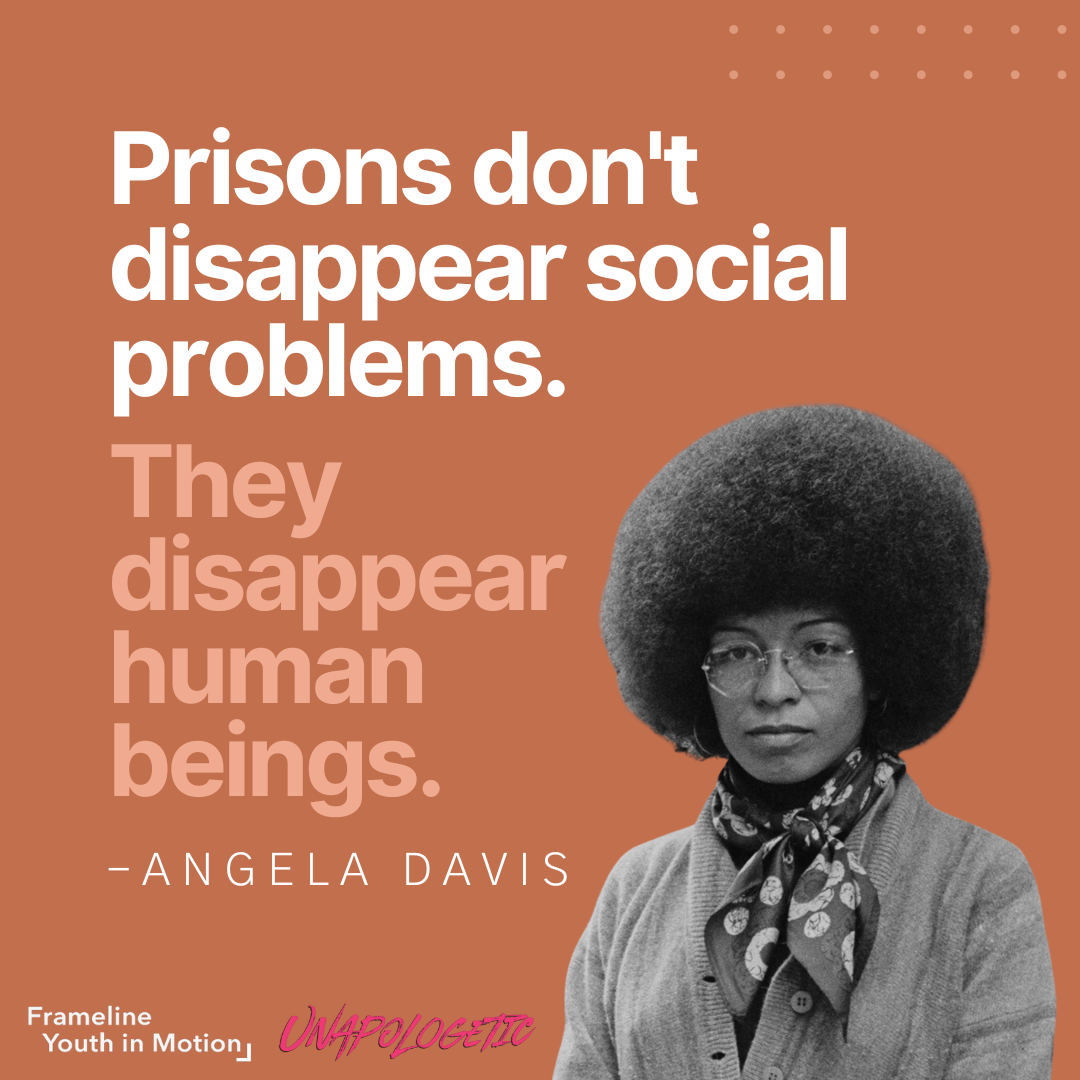 Thumbnail preview of an Instagram post. On a brown clay-colored background, a quote from Angela Davis reads: Prisons don't disappear social problems. They disappear human beings. Next to the quote is a black and white photo of Angela Davis. Her hair in an afro, she wears round wire-framed glasses, a tied handkerchief around her neck, and a cardigan. She looks stoically into the distance.